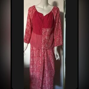 Josephine Chaus Two Piece Outfit 100% Silk Shirt Maxi Skirt Set Pink/White Sz M